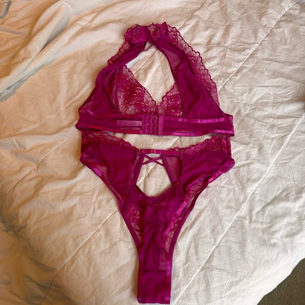 Lace Halter Bralette and Panty Set - Pink - Picture 2 of 5